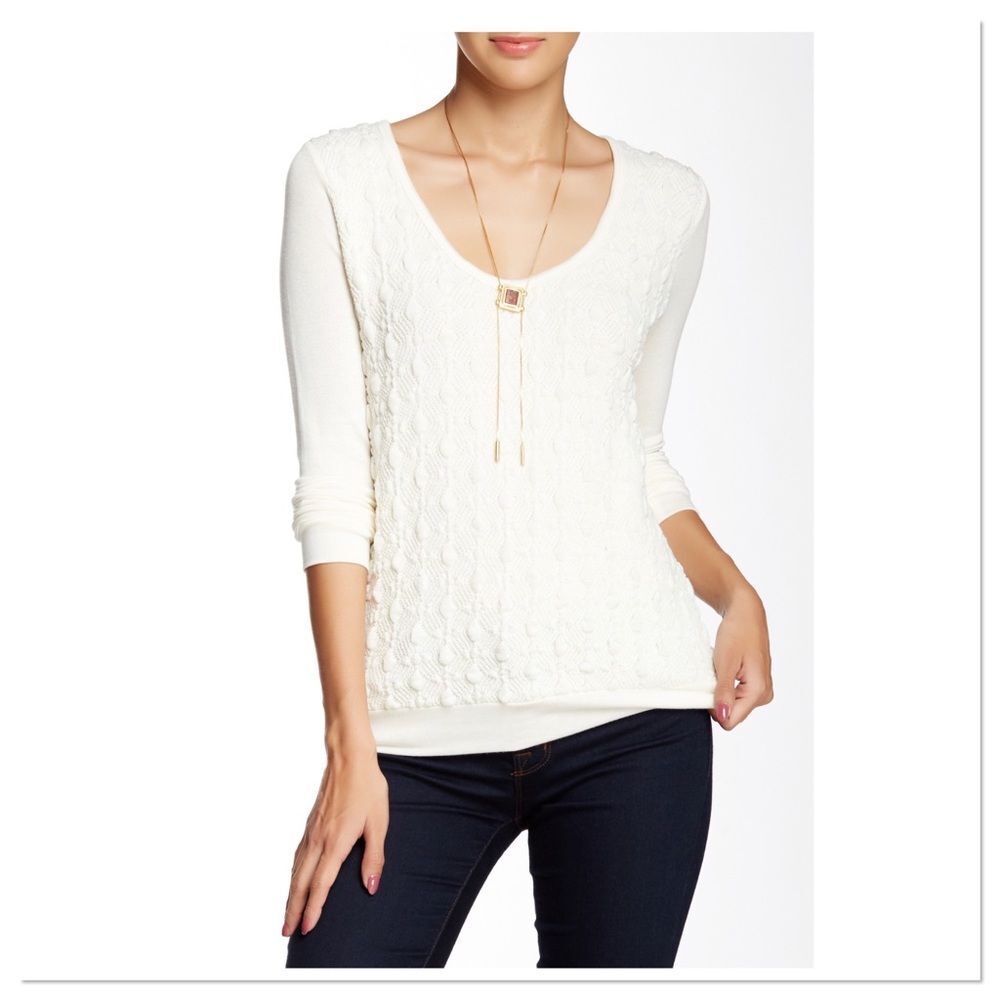 Three Dots Long Sleeve Cableknit Sweater M Cream